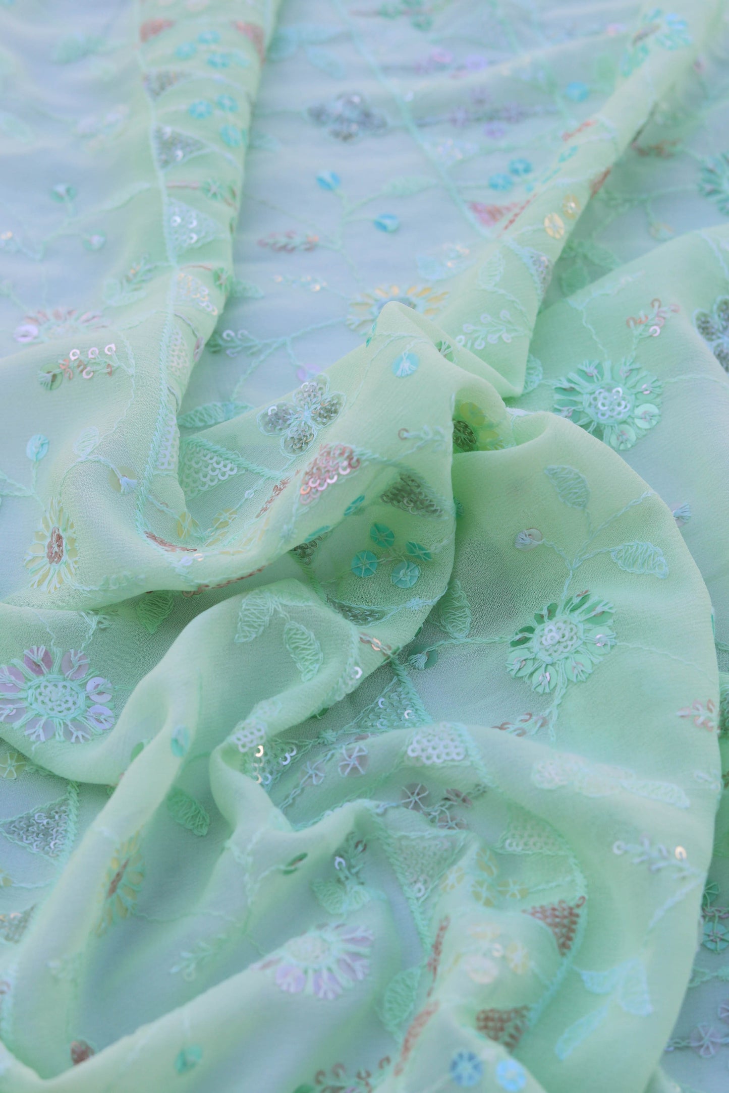 Floral Sequin Embroidered Fabric with Ornate Border