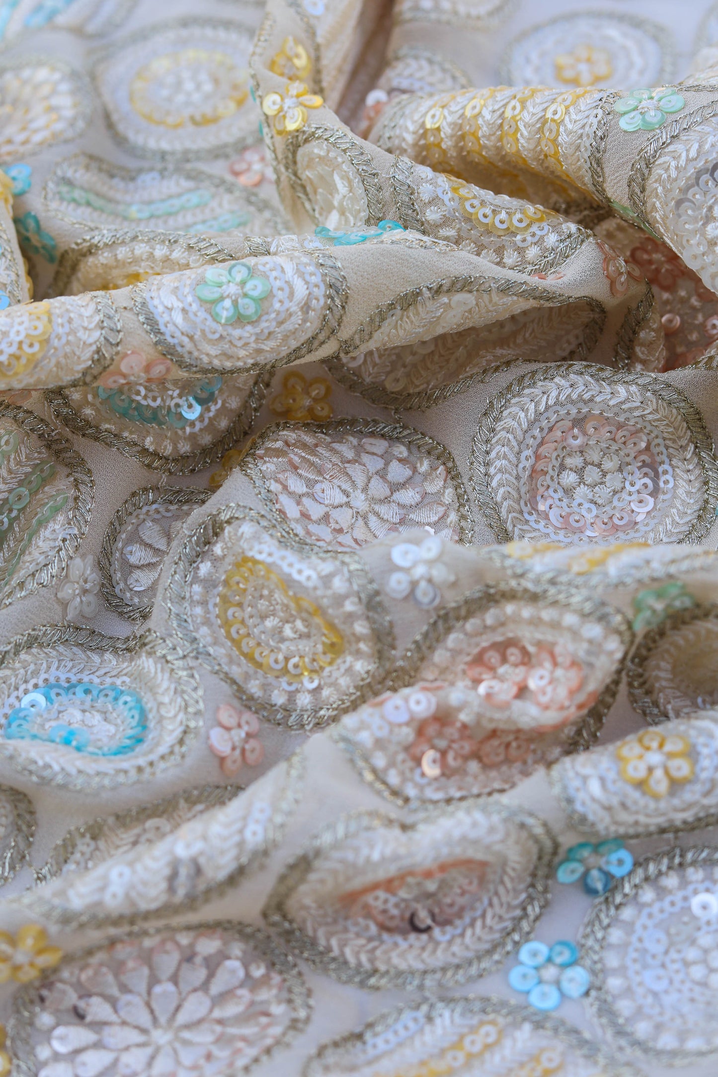 Pastel Multi-Color Circular Embroidery Sequin Fabric
