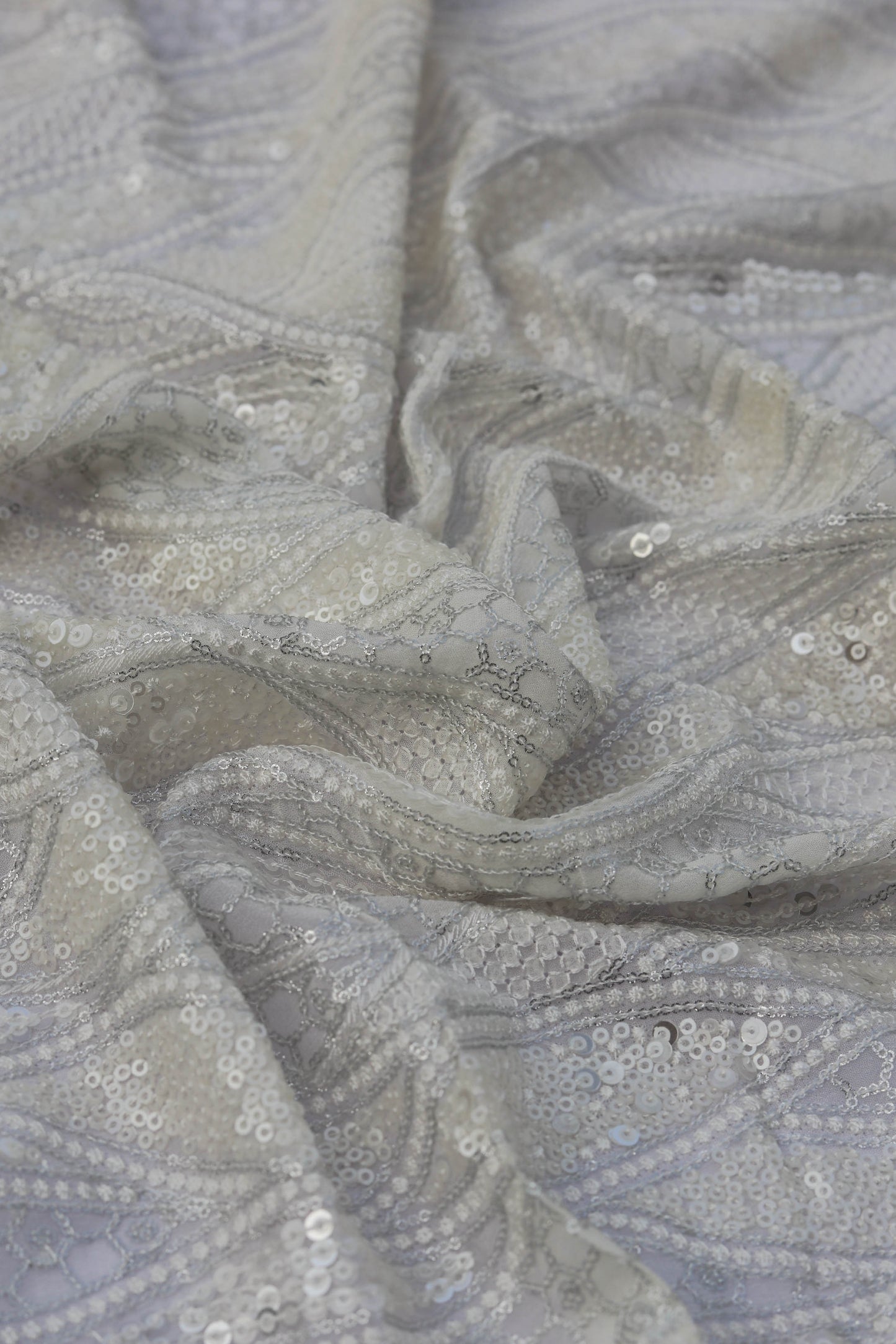 White Wave Pattern Embroidered Fabric with Sequins