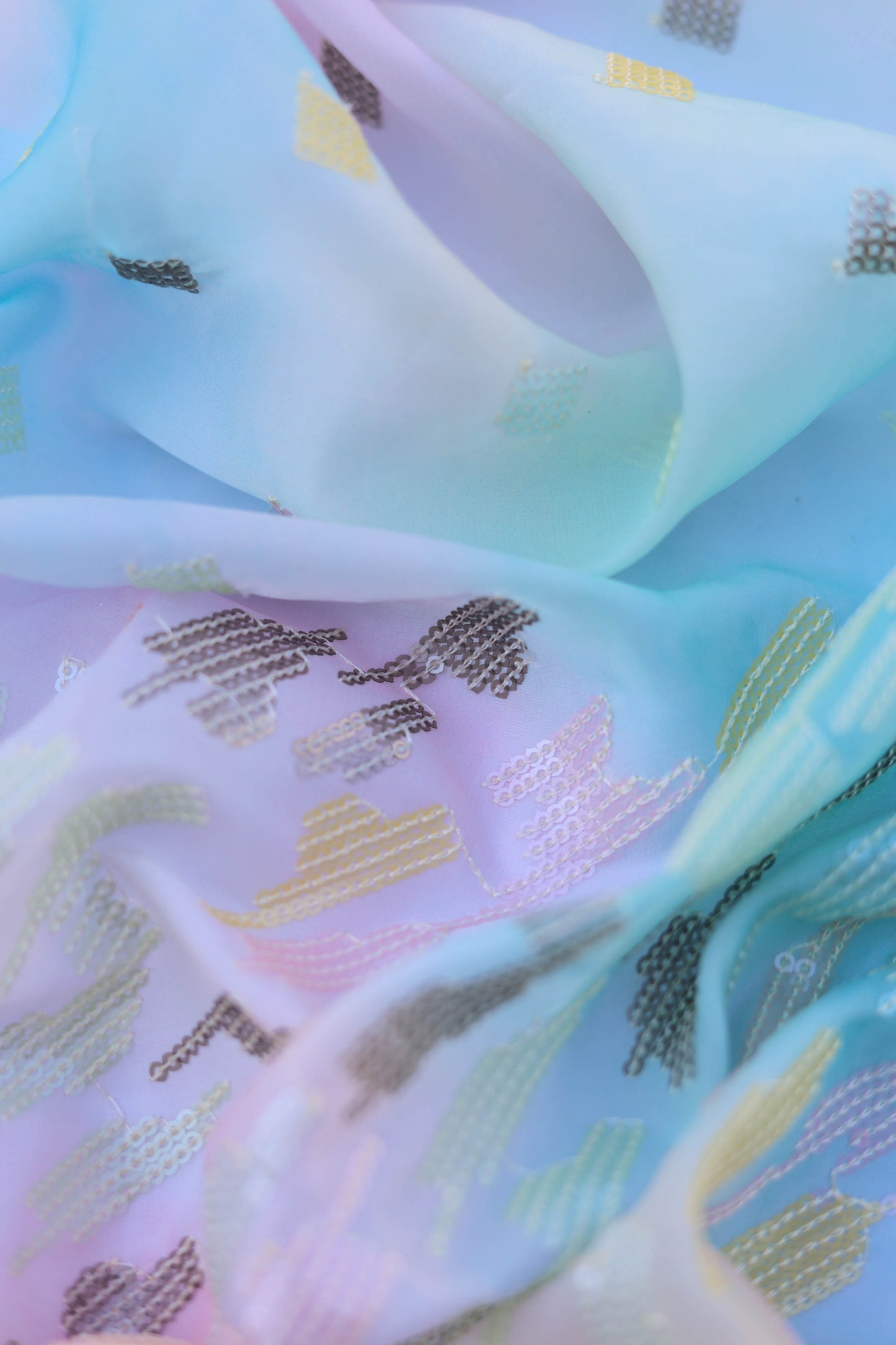 Ombre Blue Pastel Embroidered Fabric with Sequins