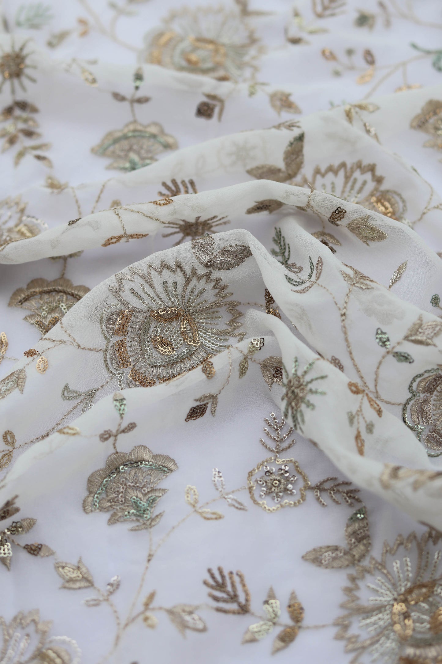 White Floral Embroidered Fabric with Gold Detailing