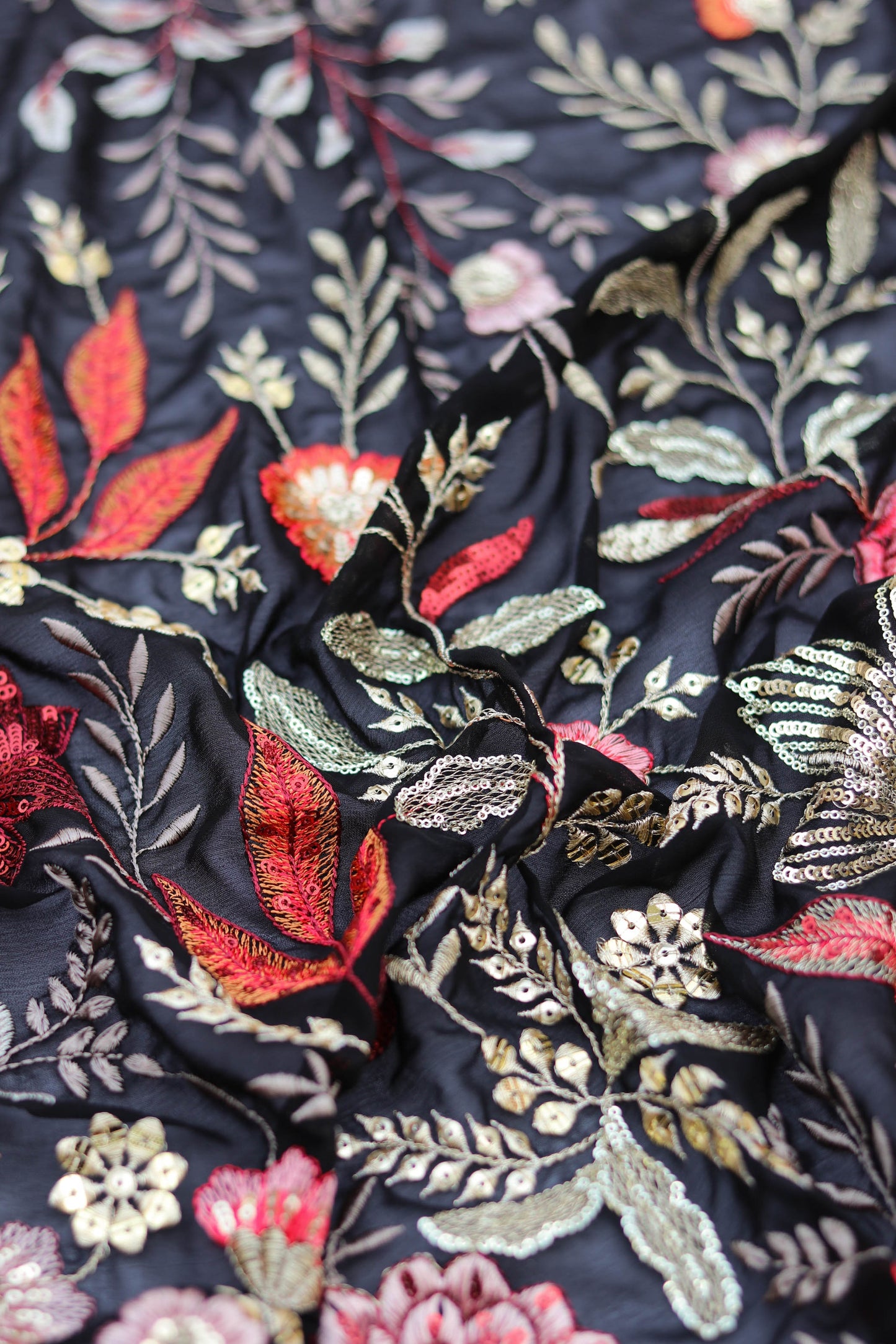 Luxurious Burgundy Floral Embroidered Fabric Elegant Design Fabonique