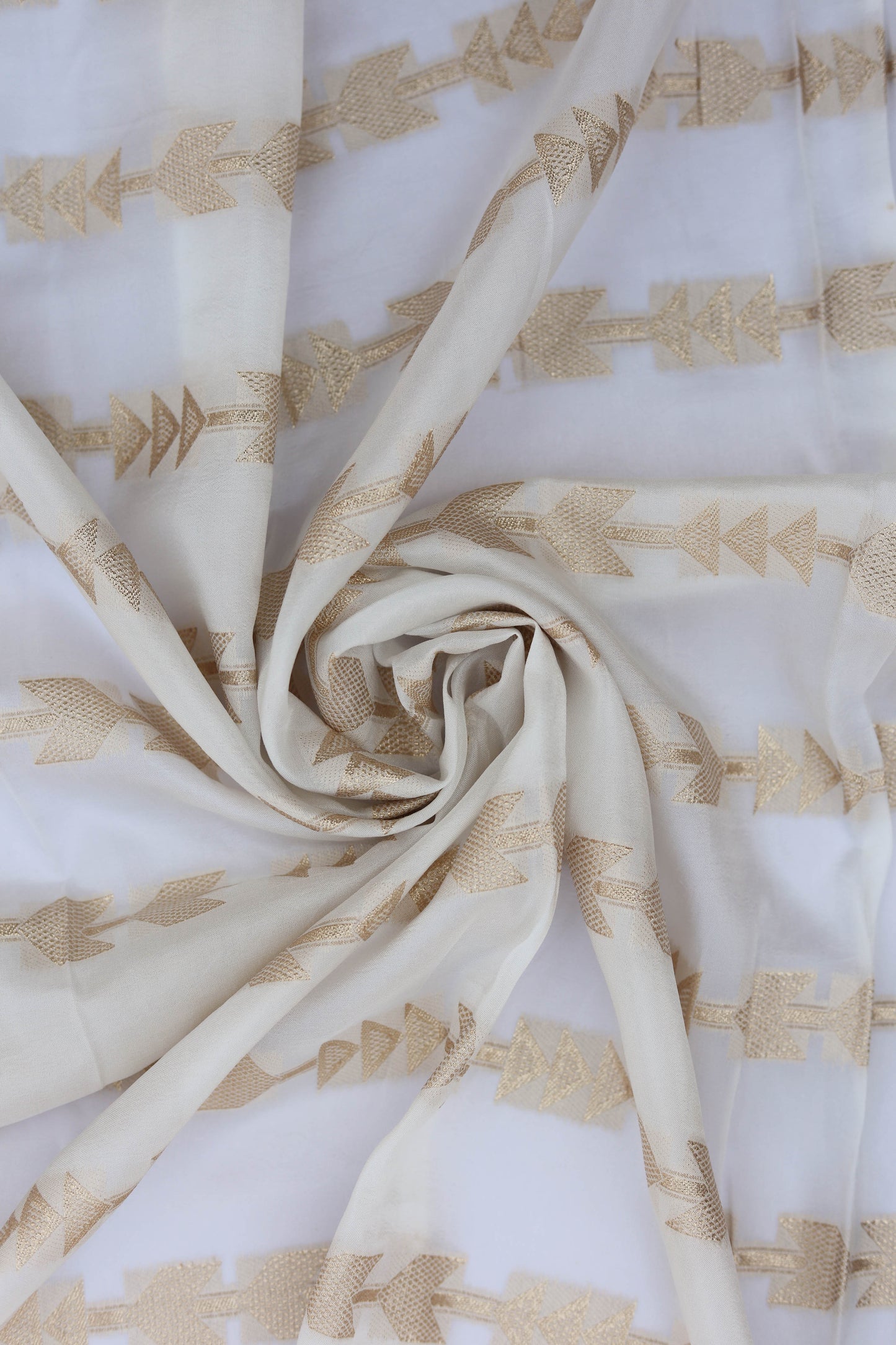 White Russian Silk Lehriya Fabric with Golden Arrow Motif