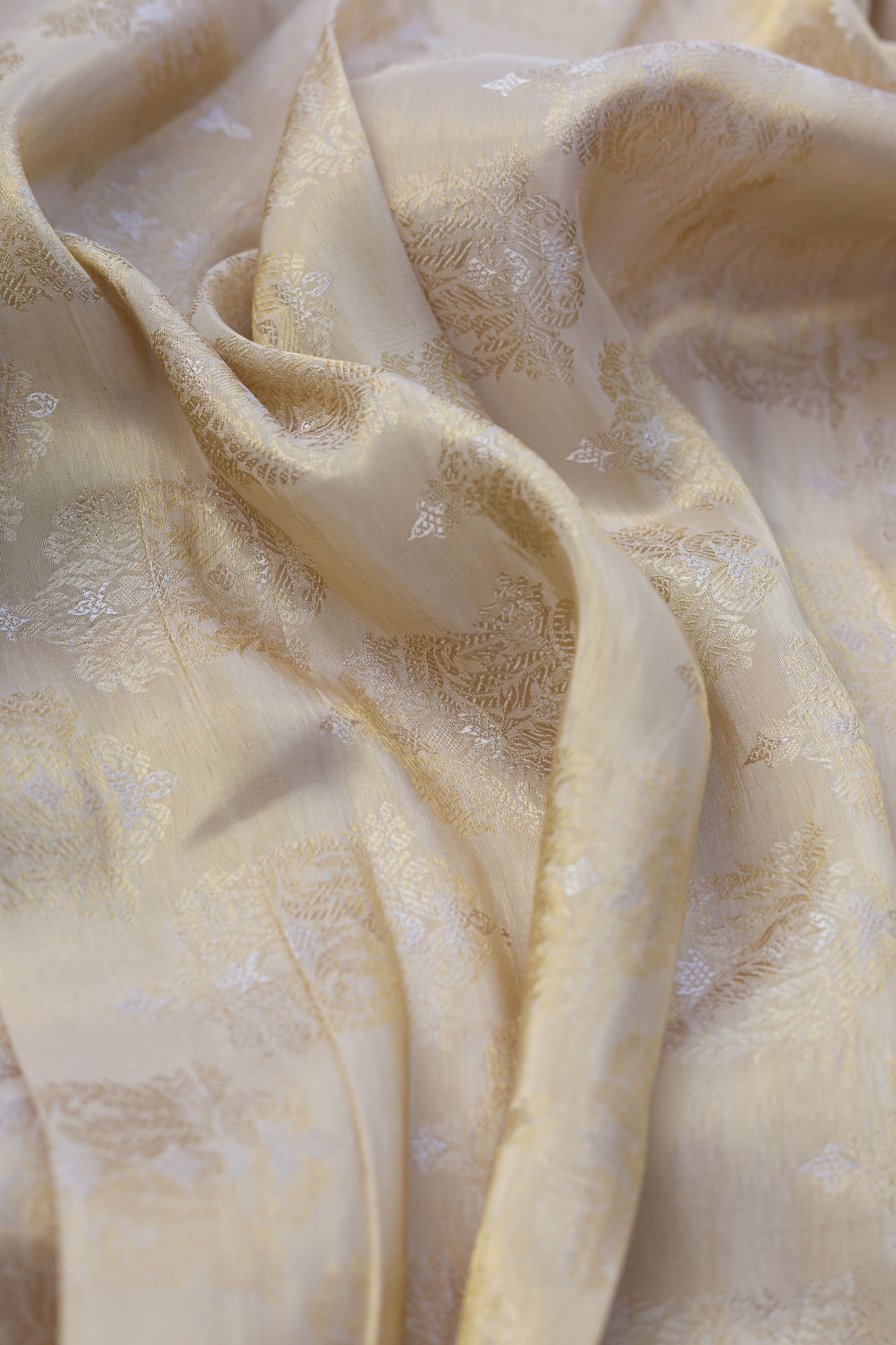 Ornate Golden Woven Pure Tanchoi Silk Brocade Fabric