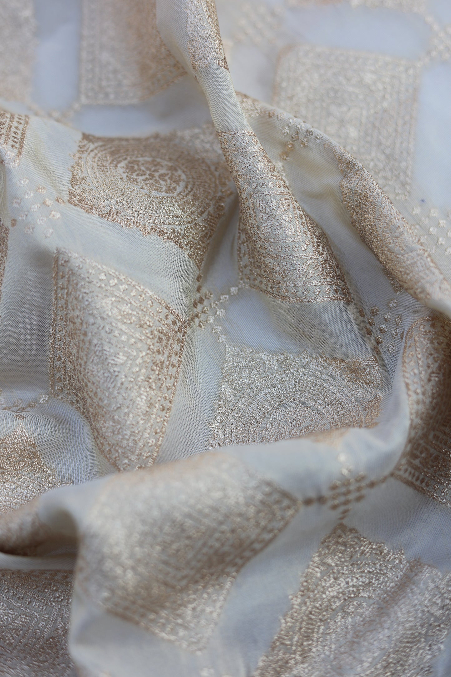 Banarasi Tissue Brocade Fabric with Floral Embroidery and Mirror Accents