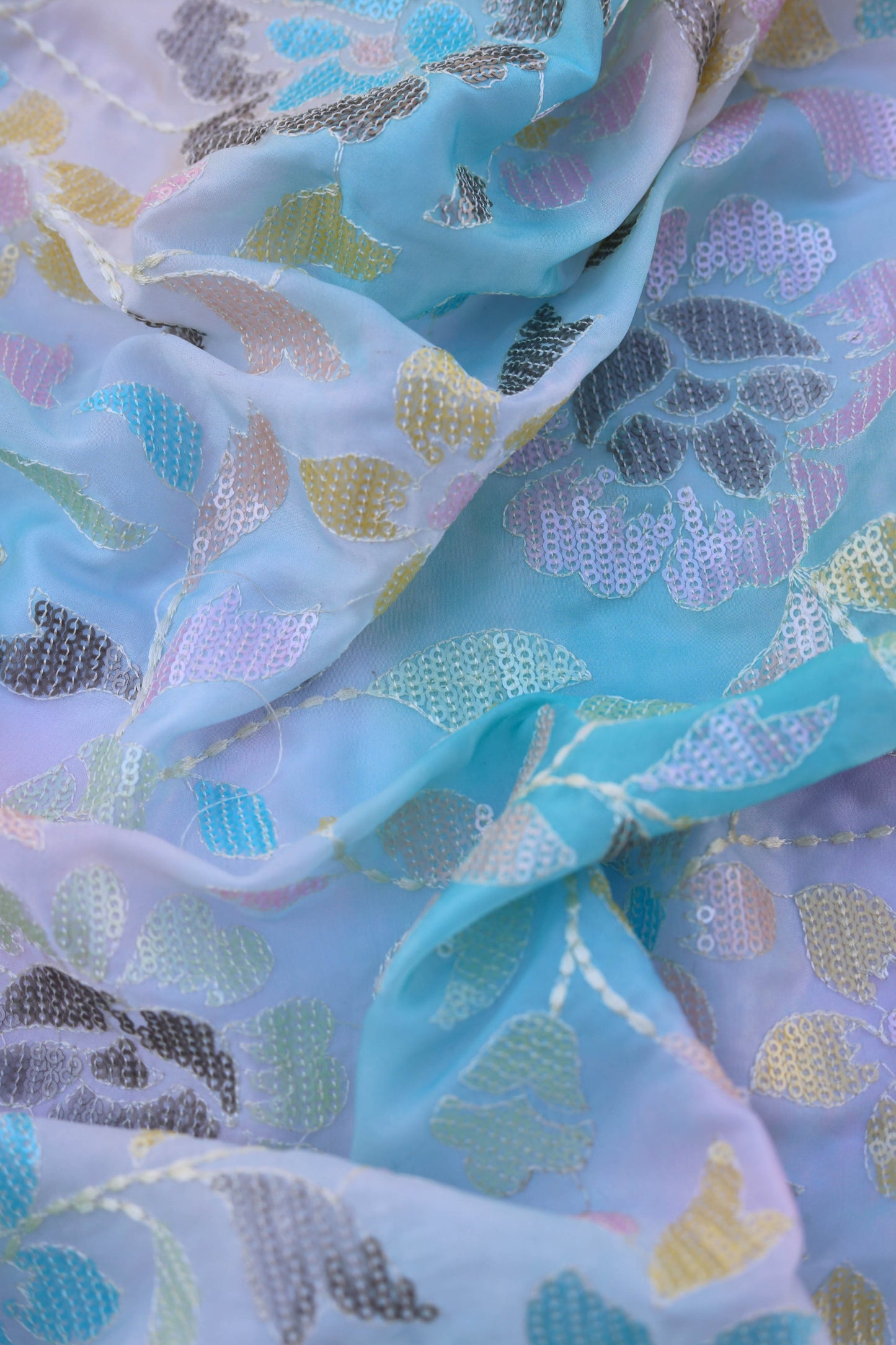 Ombre Blue Floral Embroidered Fabric with Sequins