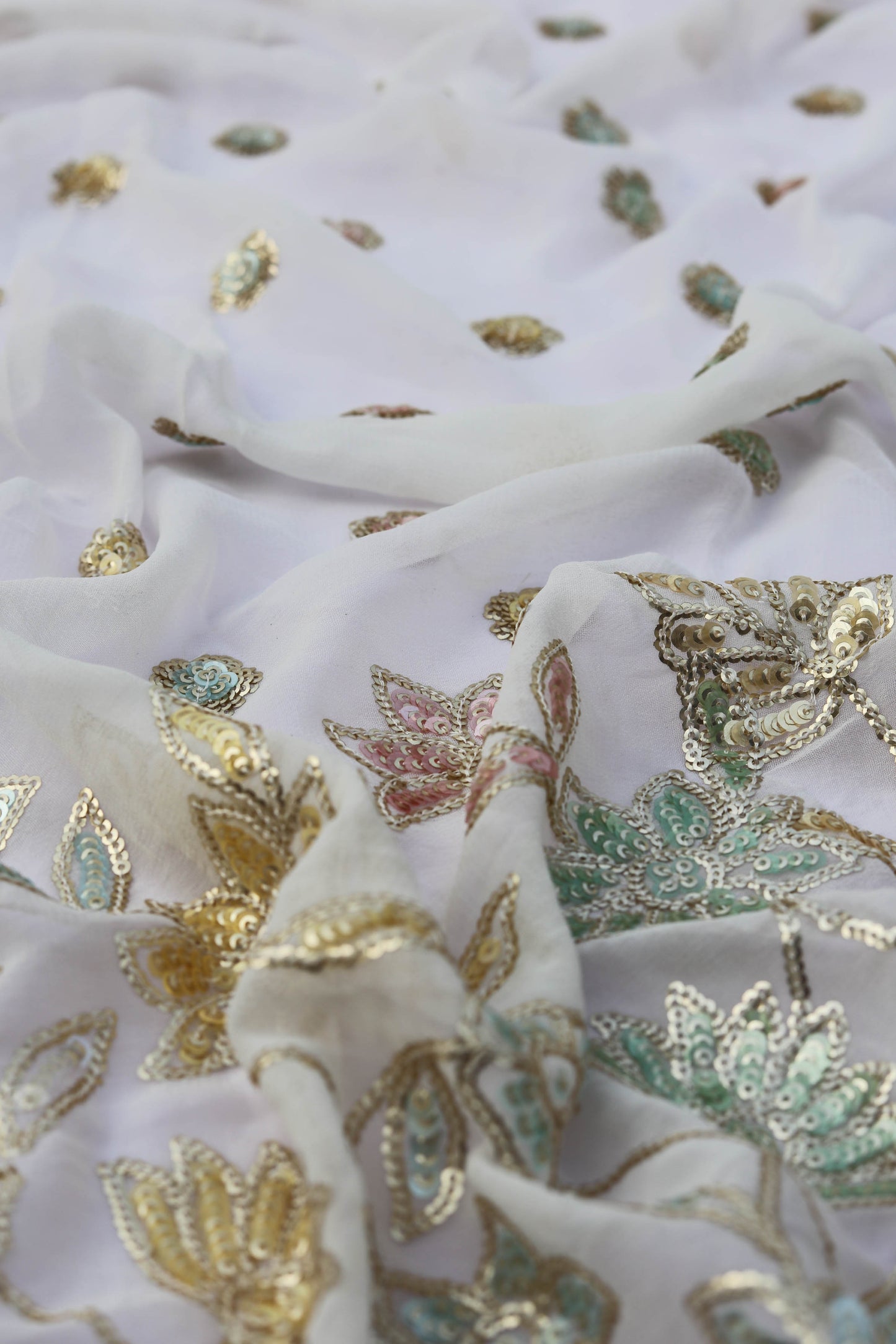 Ornate Border Floral Sequin Embroidered Fabric