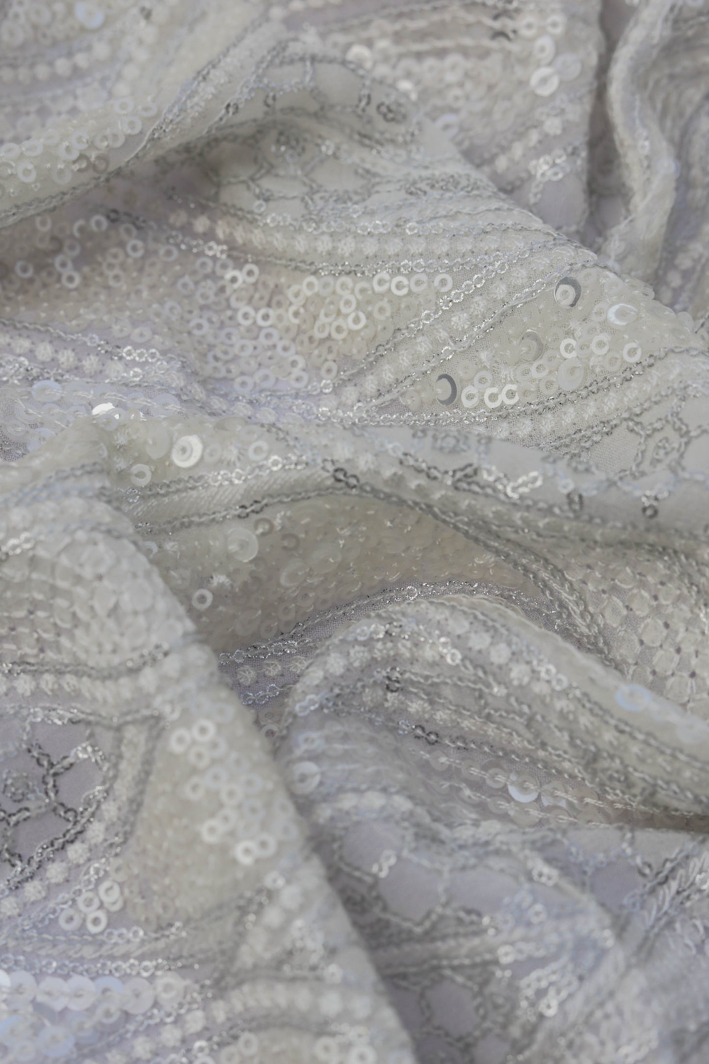 White Wave Pattern Embroidered Fabric with Sequins