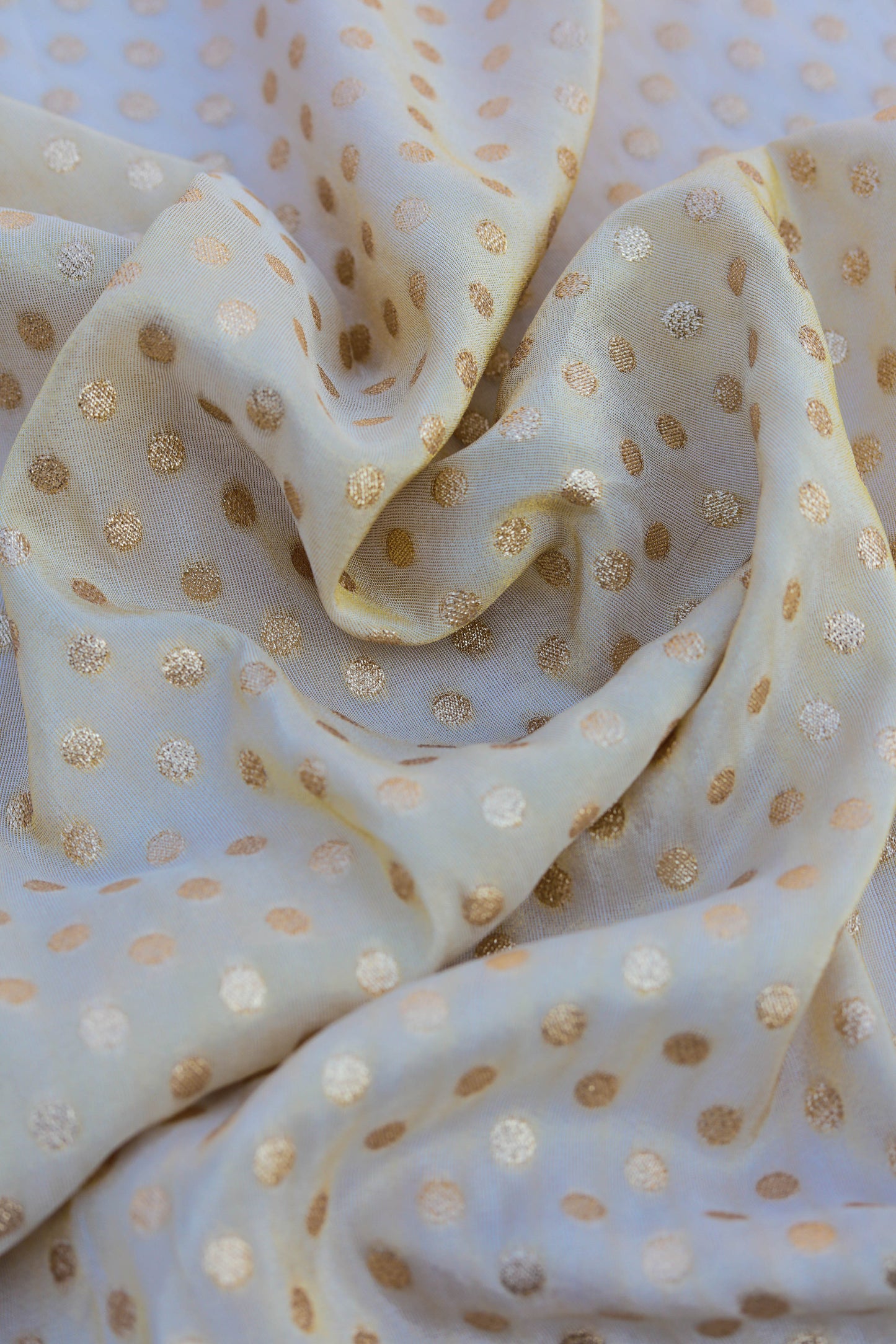 Pure Banarasi Tissue Brocade Fabric with Embroidered Polka Dots and Sequined Border