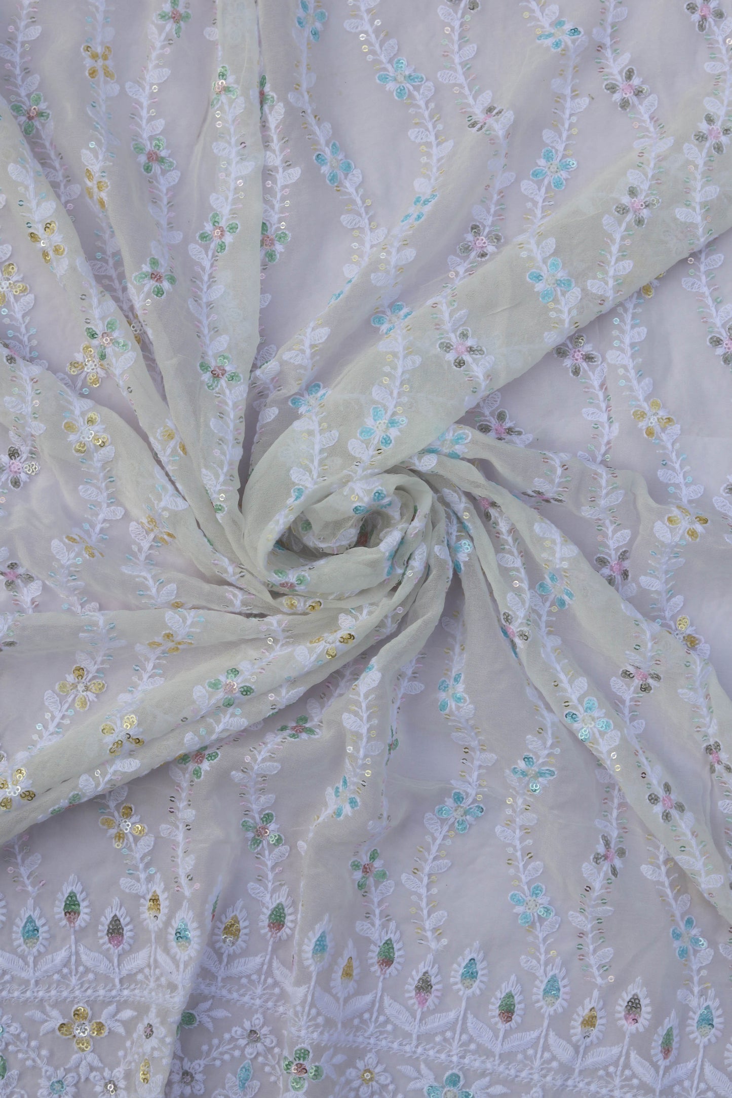Vertical Floral Sequin Embroidered Fabric with Ornate Border