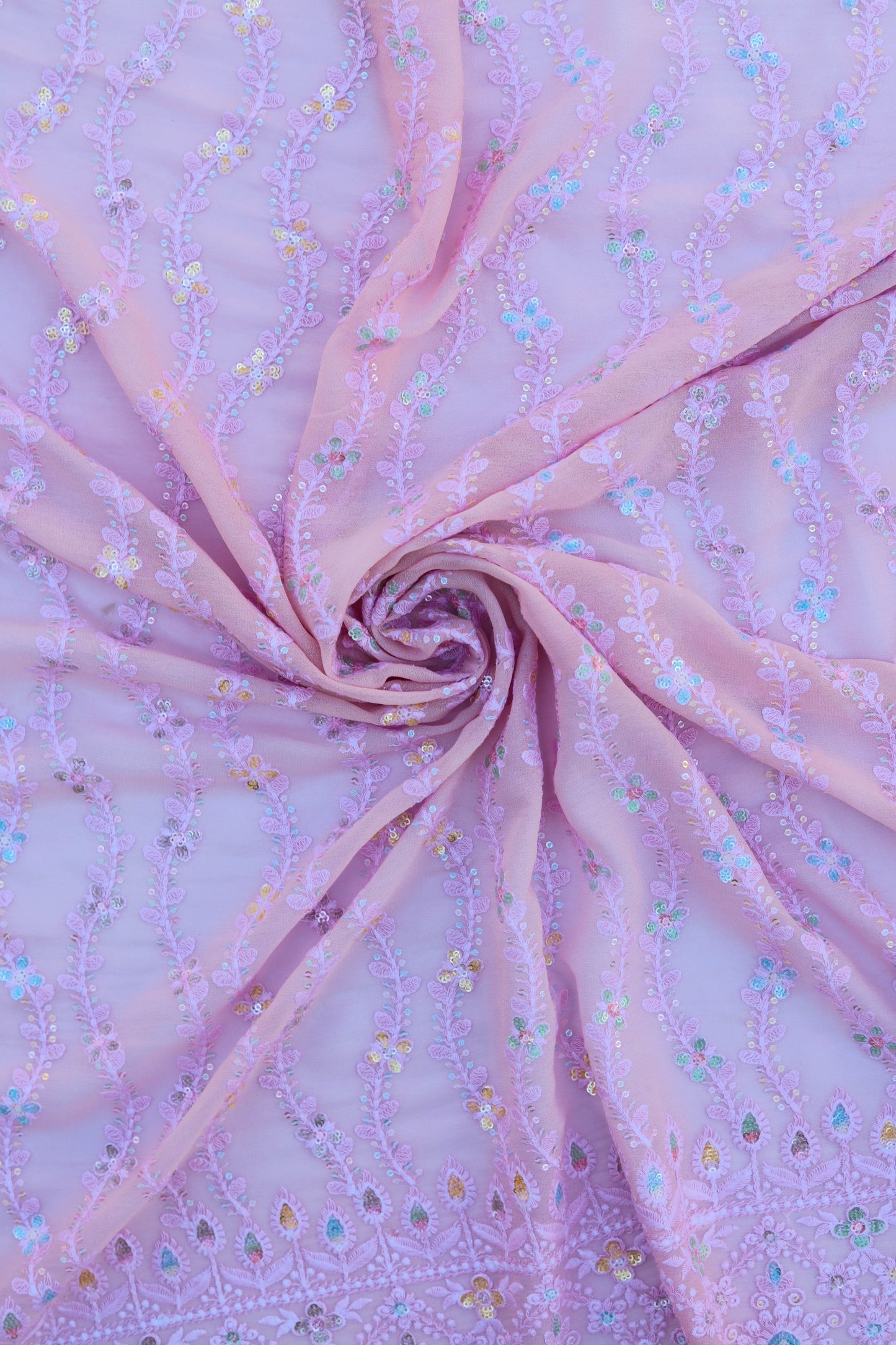 Vertical Floral Sequin Embroidered Fabric with Ornate Border