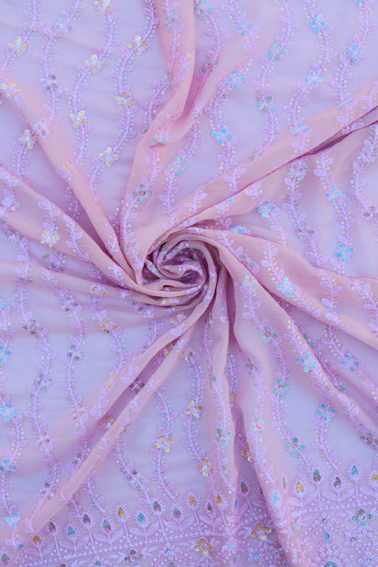 Vertical Floral Sequin Embroidered Fabric with Ornate Border