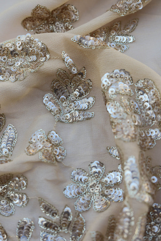 Silver Sequin Embroidered Nude Fabric