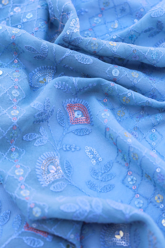 Luxurious Embroidered Sequin Fabric with Ornate Border