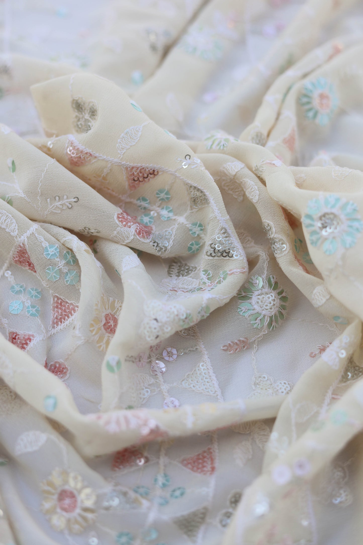 Floral Sequin Embroidered Fabric with Ornate Border