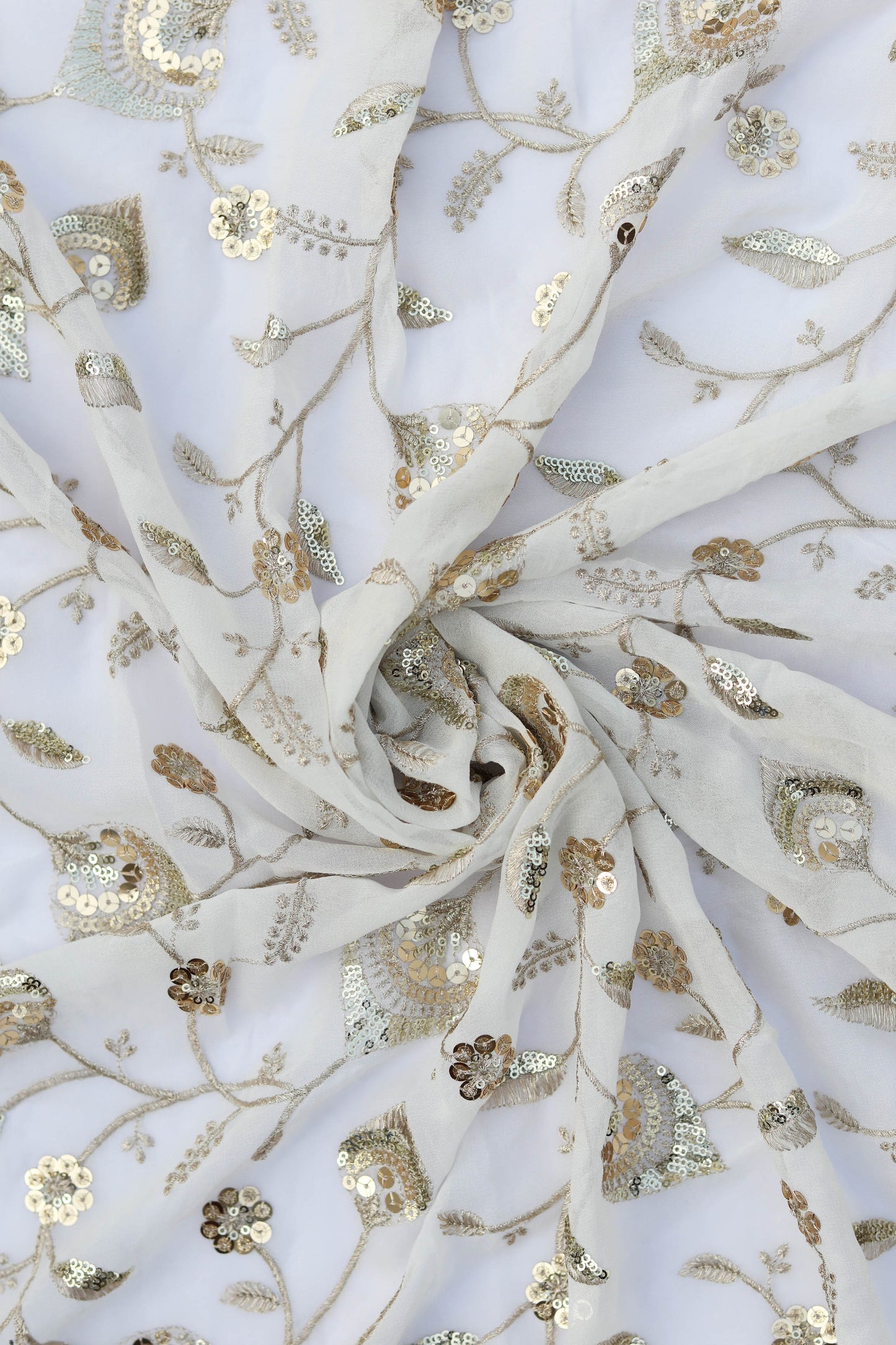 White Floral Embroidered Fabric with Gold Sequin Detailing