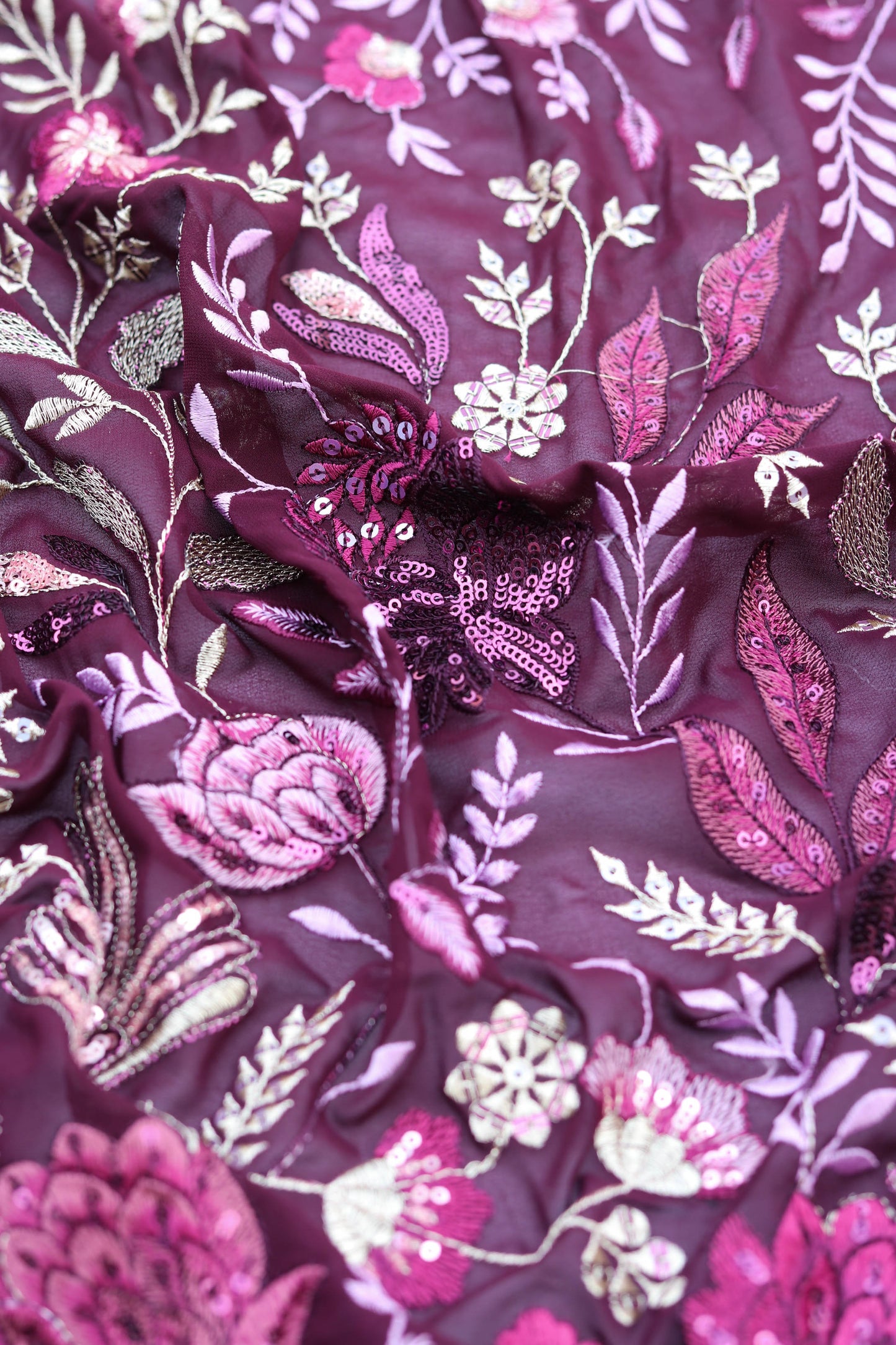 Luxurious Burgundy Floral Embroidered Fabric Elegant Design Fabonique
