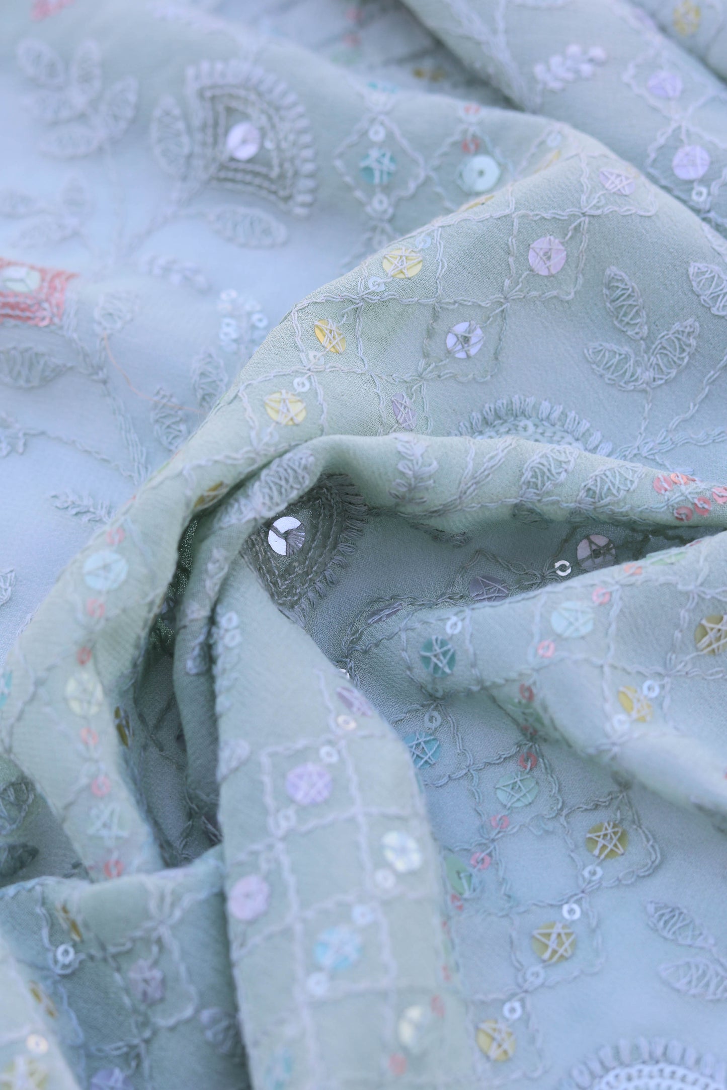 Luxurious Embroidered Sequin Fabric with Ornate Border