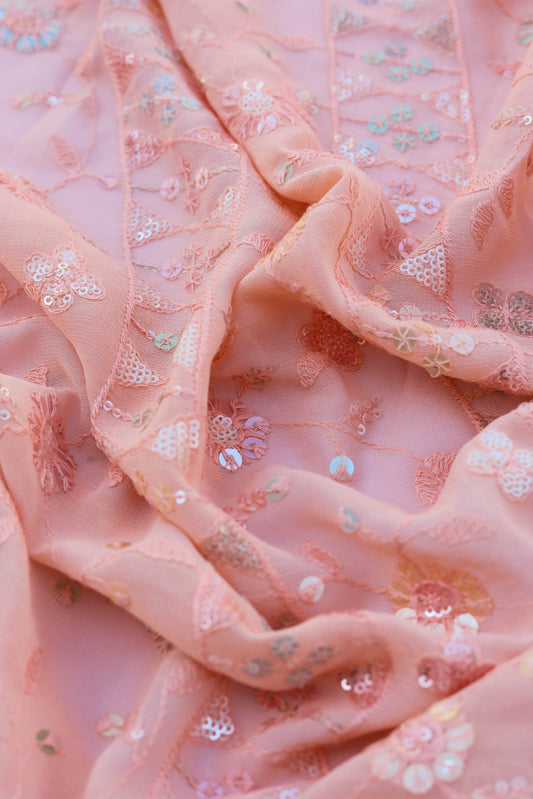 Floral Sequin Embroidered Fabric with Ornate Border