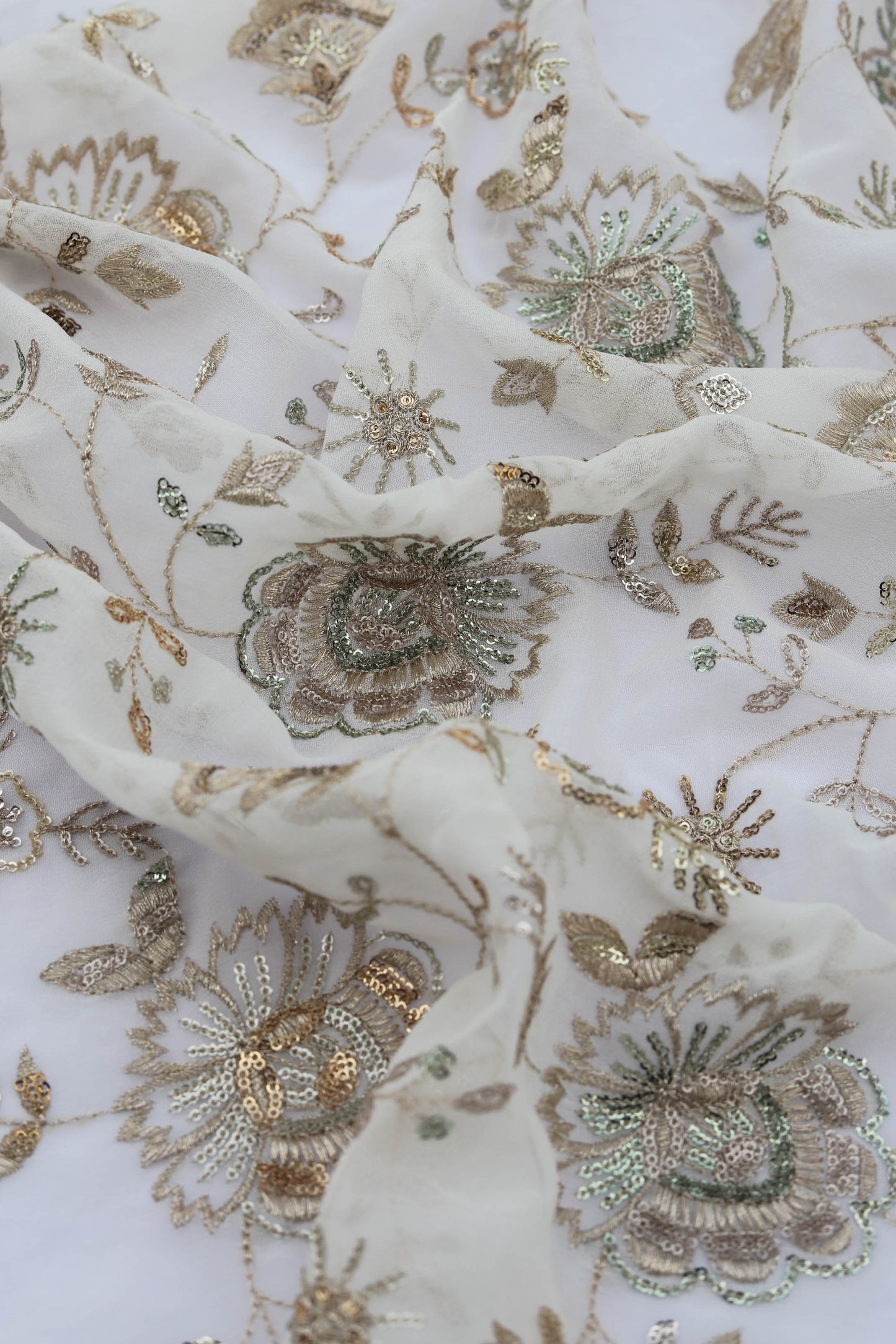 White Floral Embroidered Fabric with Gold Detailing