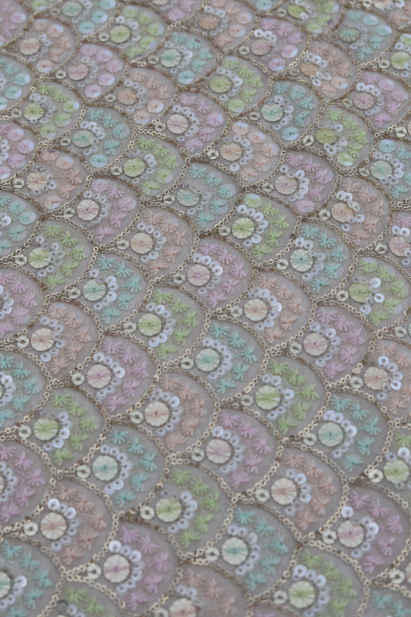 Pastel Accented Embroidered Fabric with Sequin Highlights