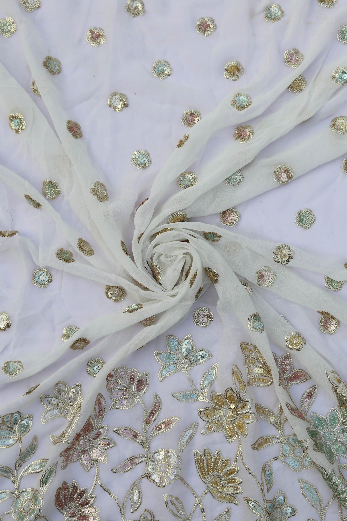 Ornate Border Floral Sequin Embroidered Fabric