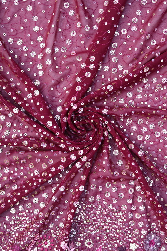 Burgundy Floral Embroidered Fabric with Heavy Sequin Work