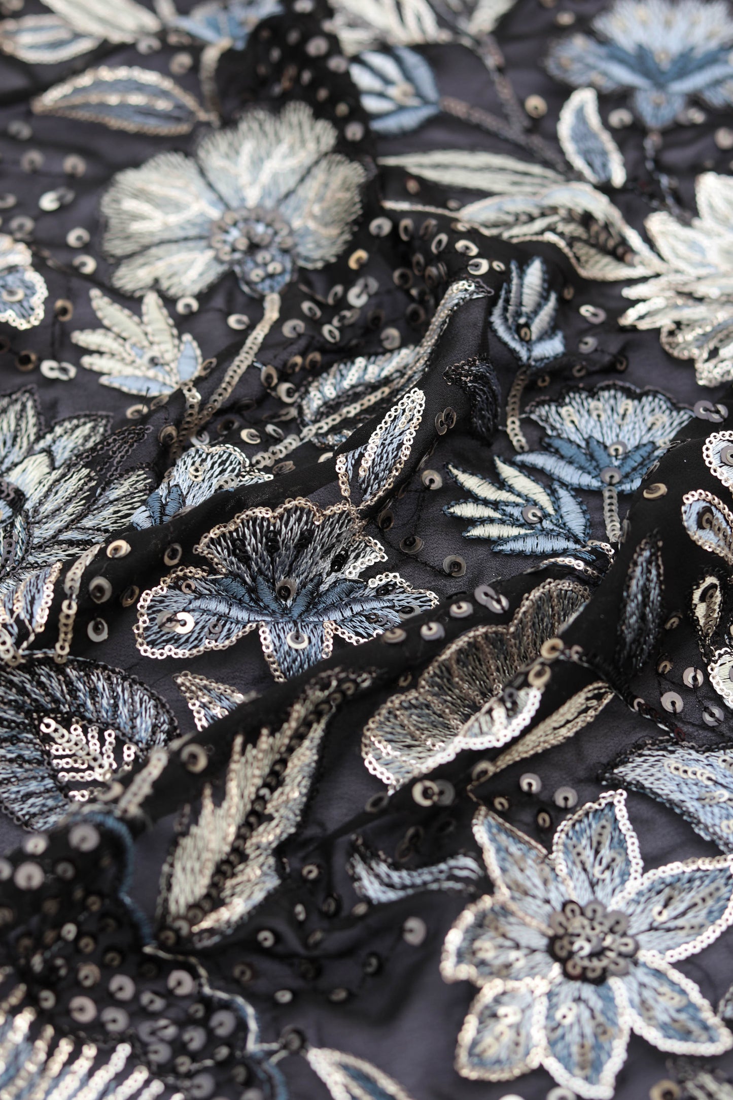 Plum Elegance Heavy Floral Sequin Embroidered Fabric
