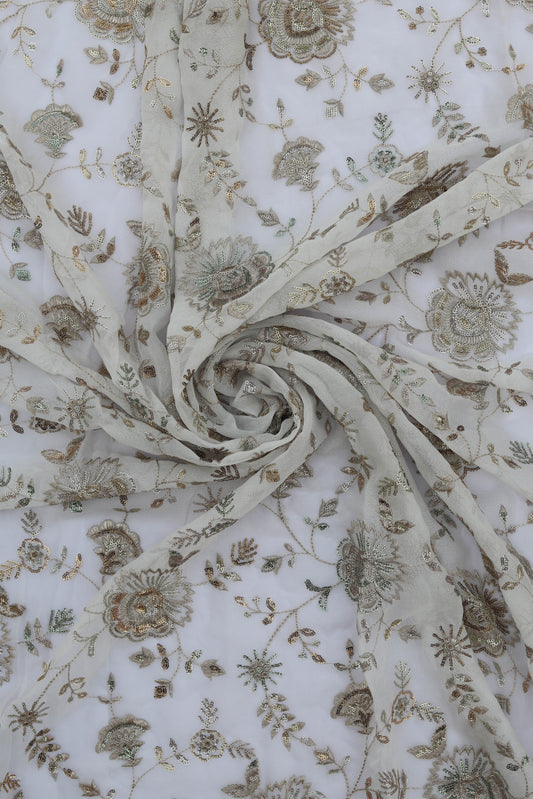 White Floral Embroidered Fabric with Gold Detailing