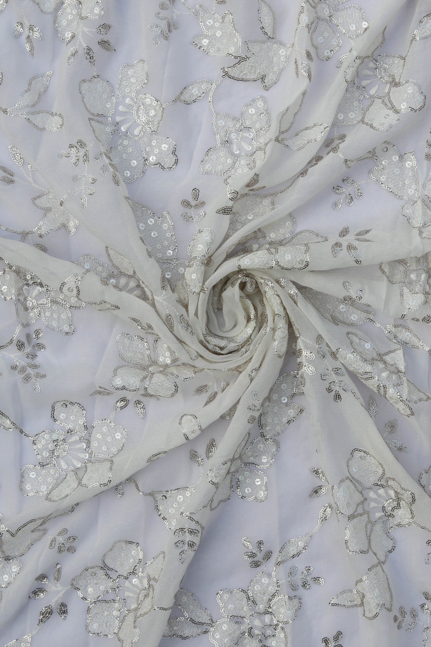 White Floral Embroidered Fabric with Silver Sequin Detailing