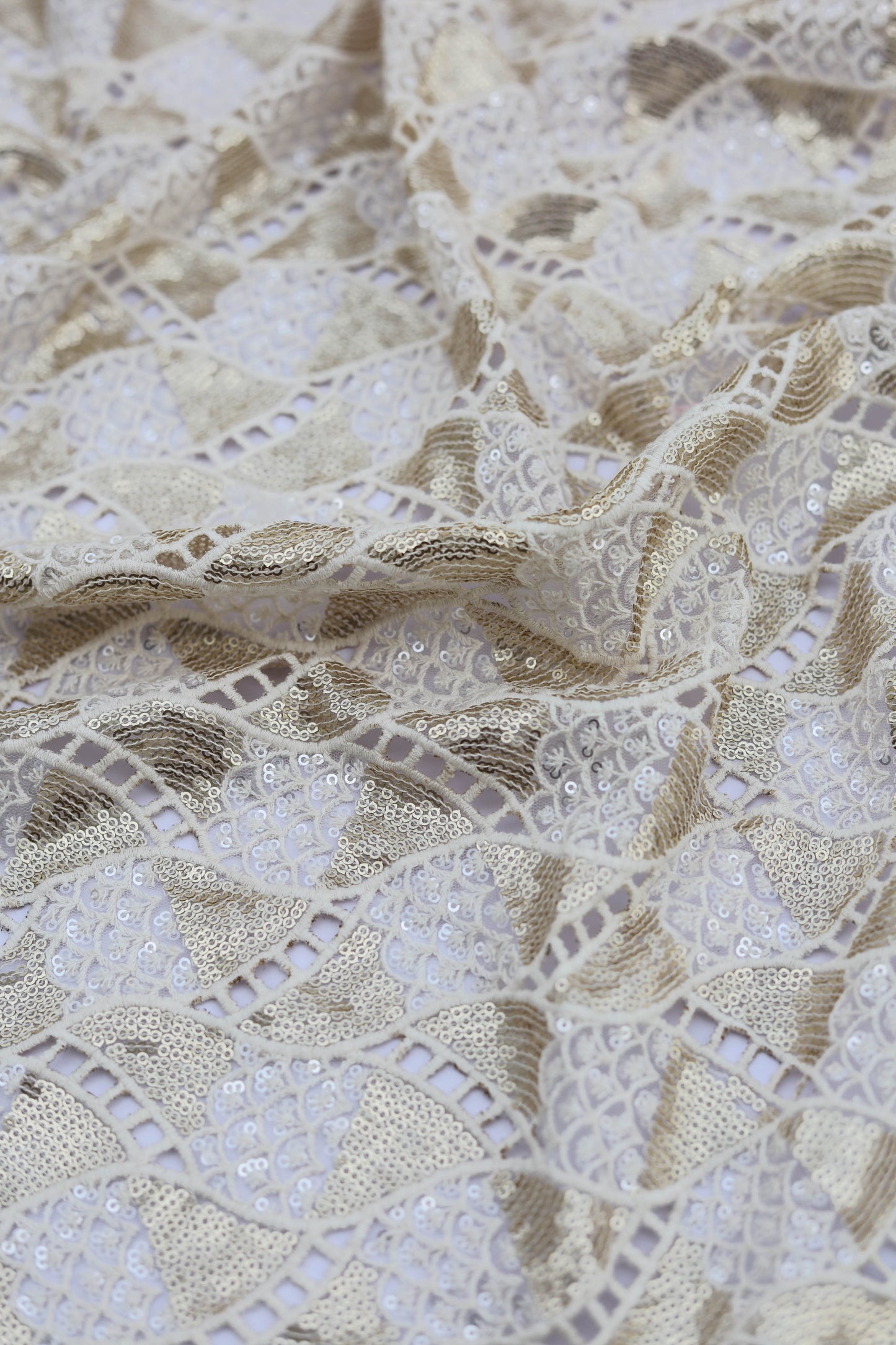 Gold Floral Embroidered Net Fabric with Cutwork