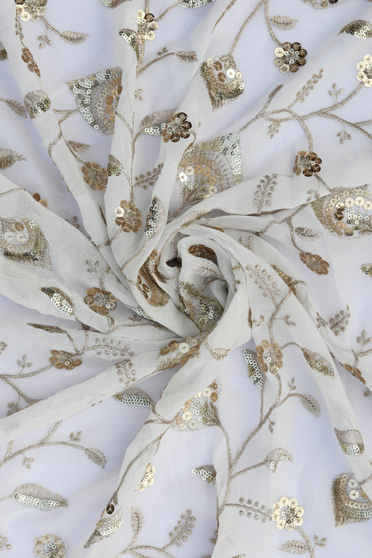White Floral Embroidered Fabric with Gold Sequin Detailing