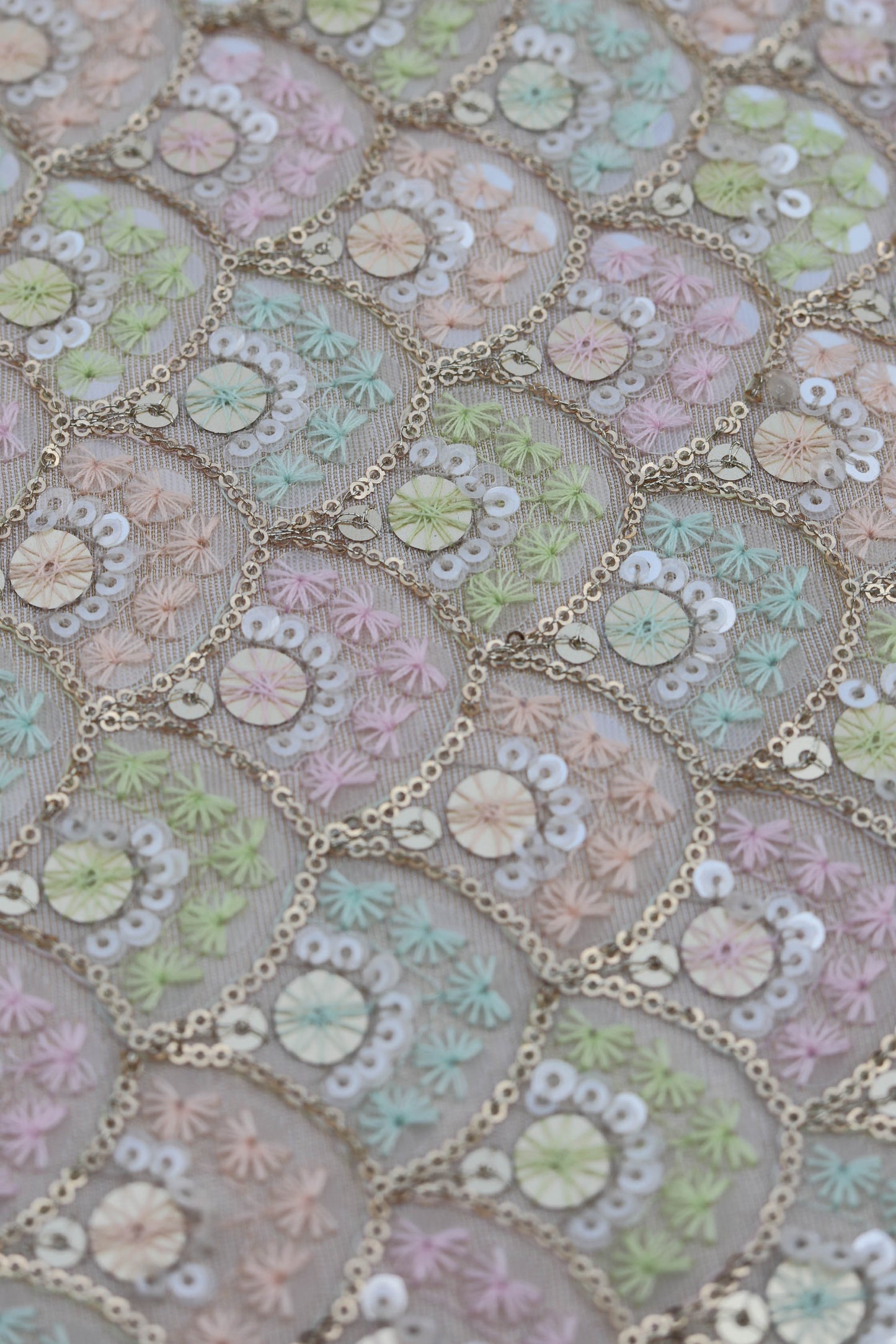 Pastel Accented Embroidered Fabric with Sequin Highlights
