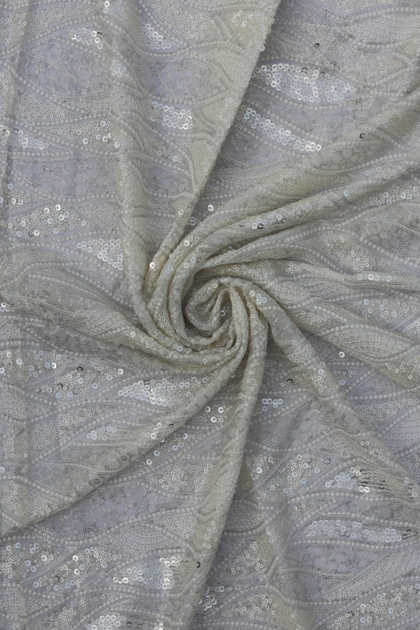 White Wave Pattern Embroidered Fabric with Sequins