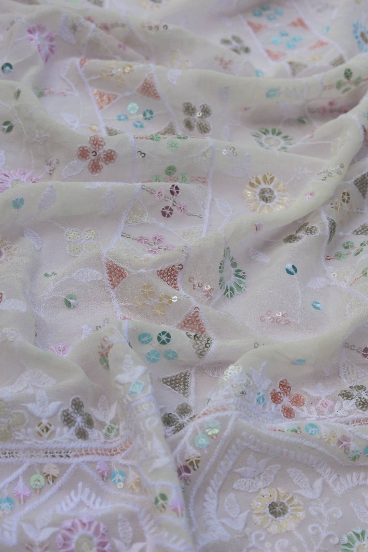Floral Sequin Embroidered Fabric with Ornate Border
