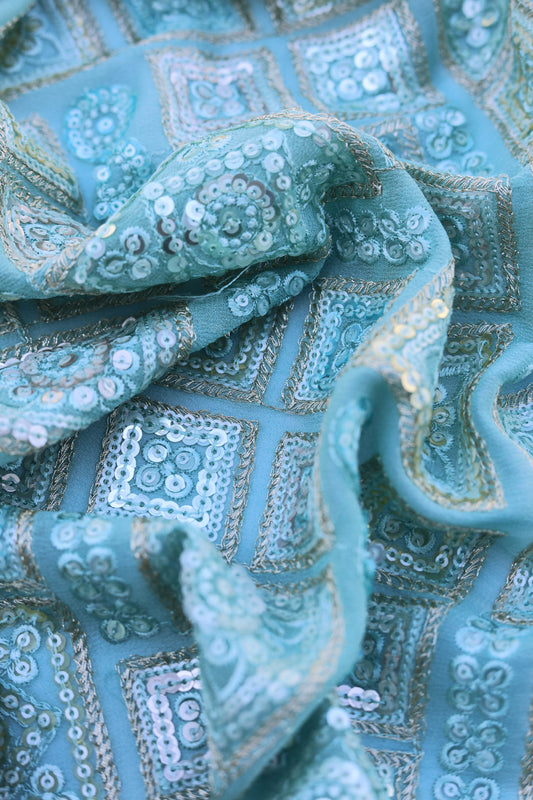 Pastel Multi-Color Square Embroidered Sequin Fabric