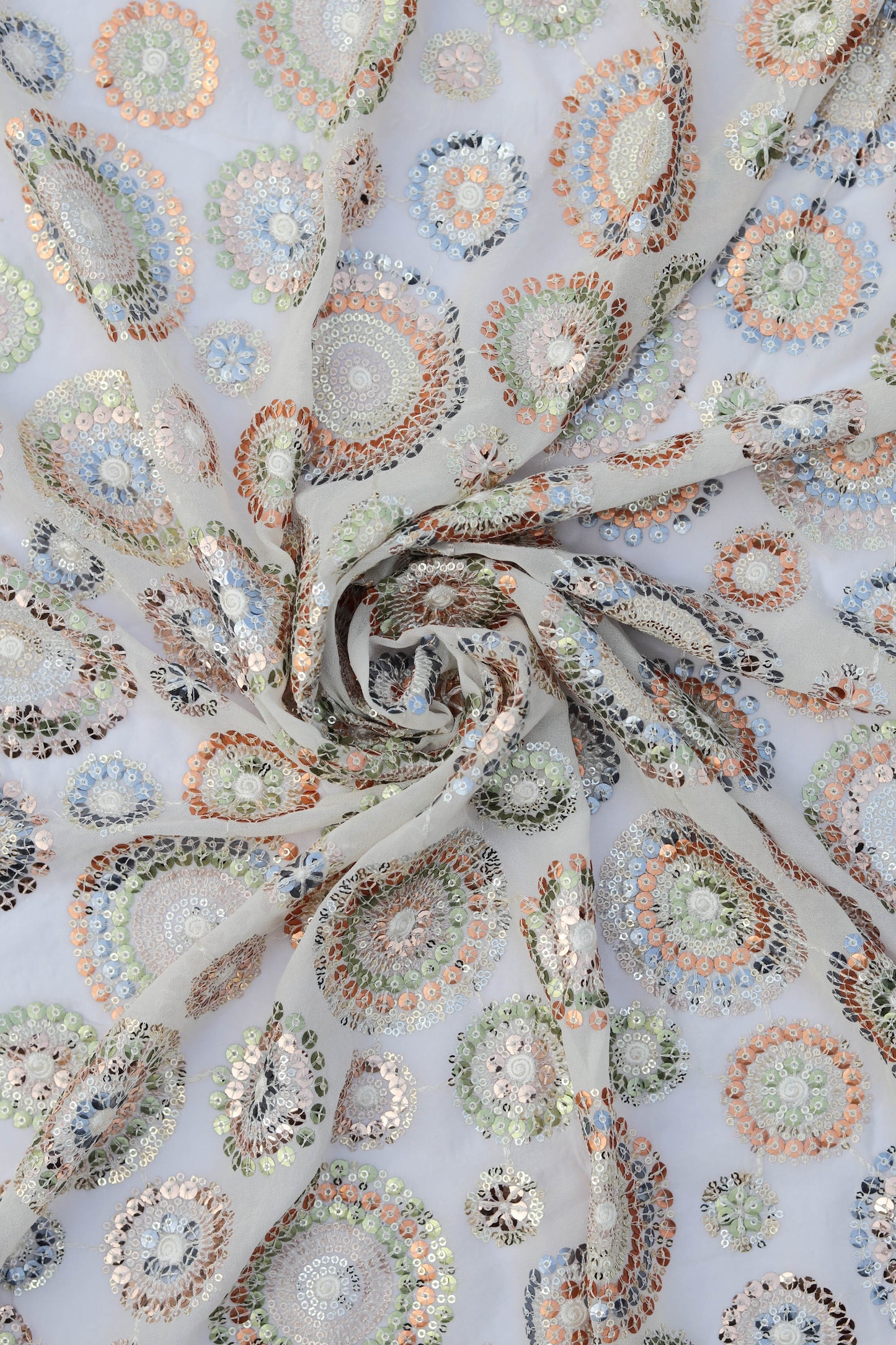 Multi Color Circular Embroidered Fabric with Sequin Accents