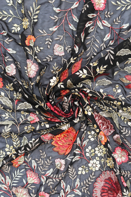 Luxurious Burgundy Floral Embroidered Fabric Elegant Design Fabonique
