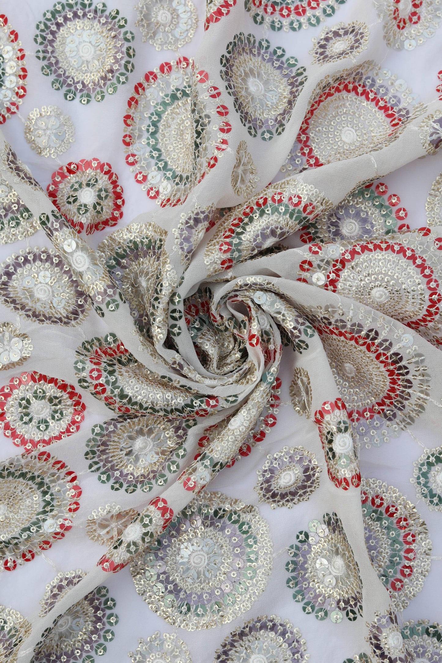Multi Color Circular Embroidered Fabric with Sequin Accents