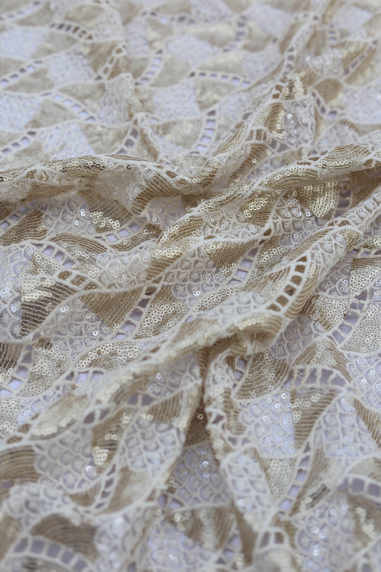 Gold Floral Embroidered Net Fabric with Cutwork