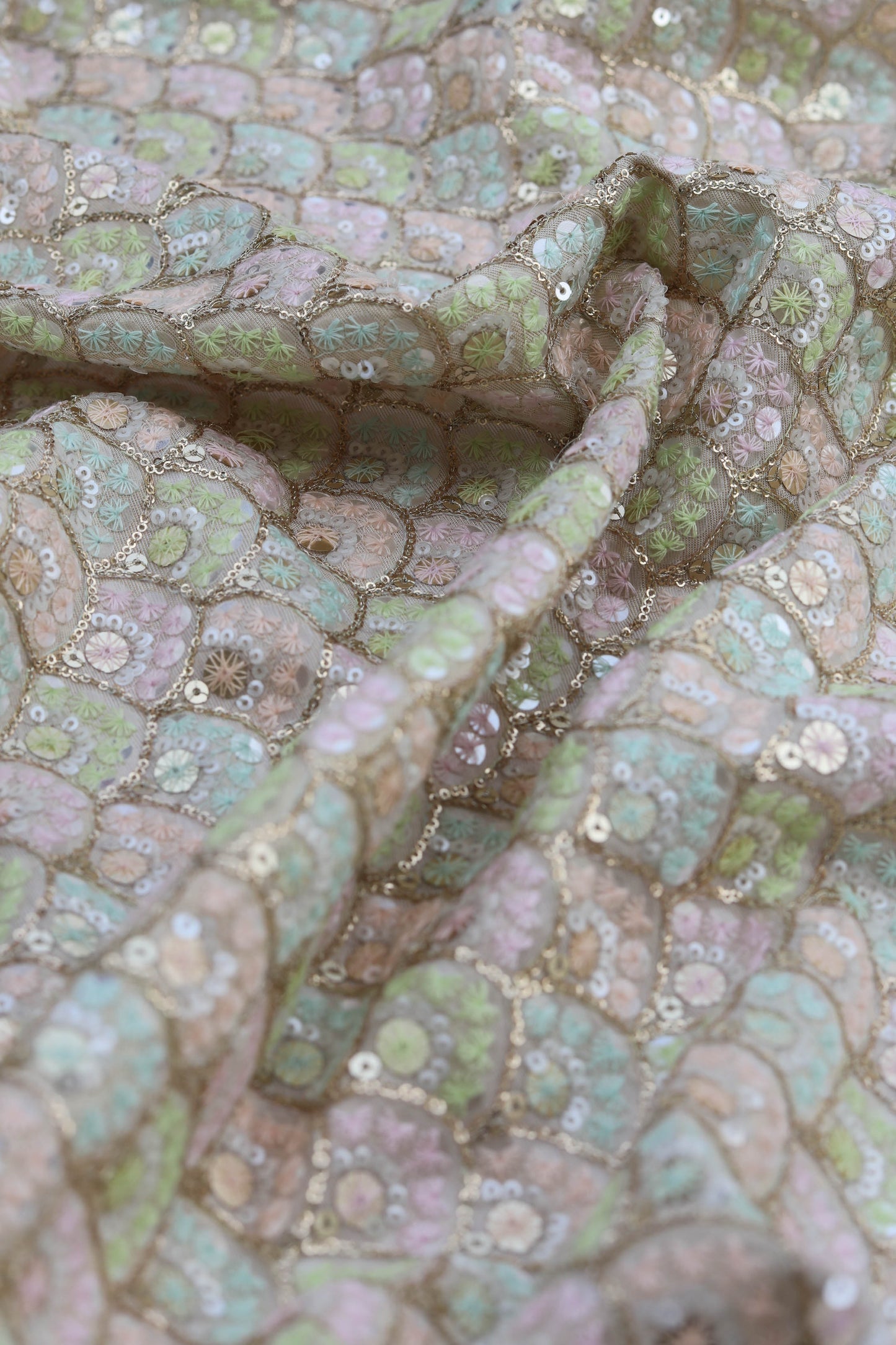 Pastel Accented Embroidered Fabric with Sequin Highlights