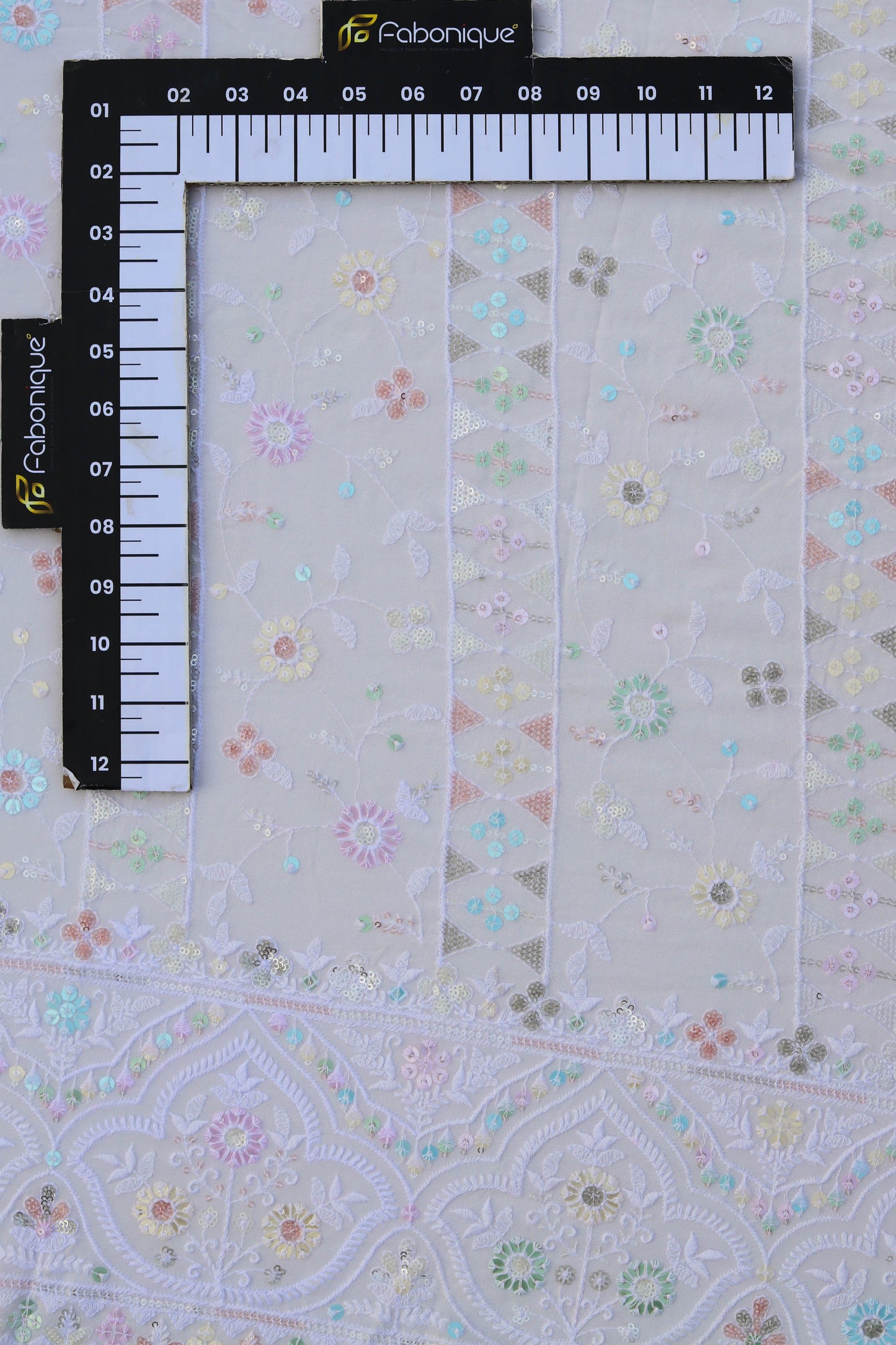 Floral Sequin Embroidered Fabric with Ornate Border