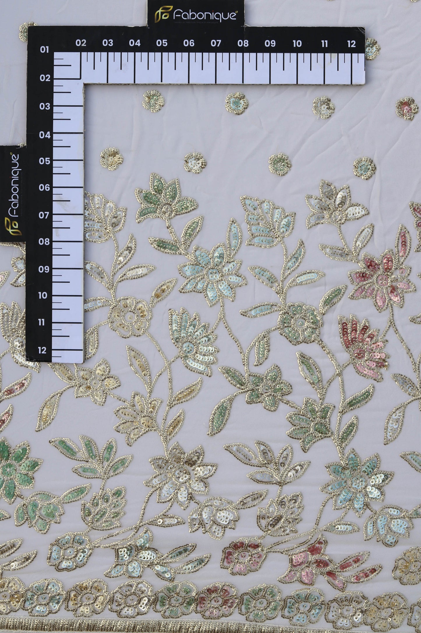 Ornate Border Floral Sequin Embroidered Fabric