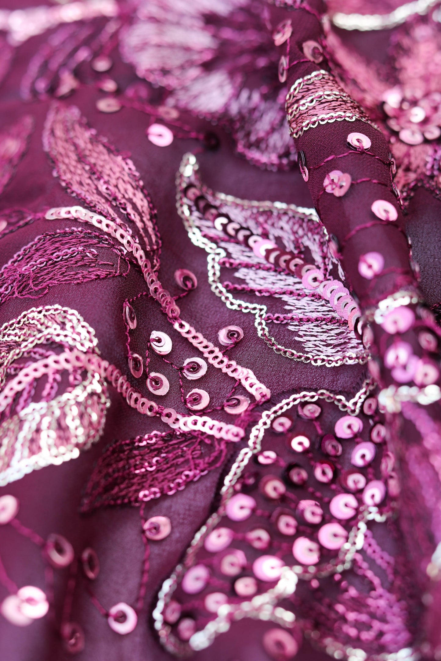 Plum Elegance Heavy Floral Sequin Embroidered Fabric