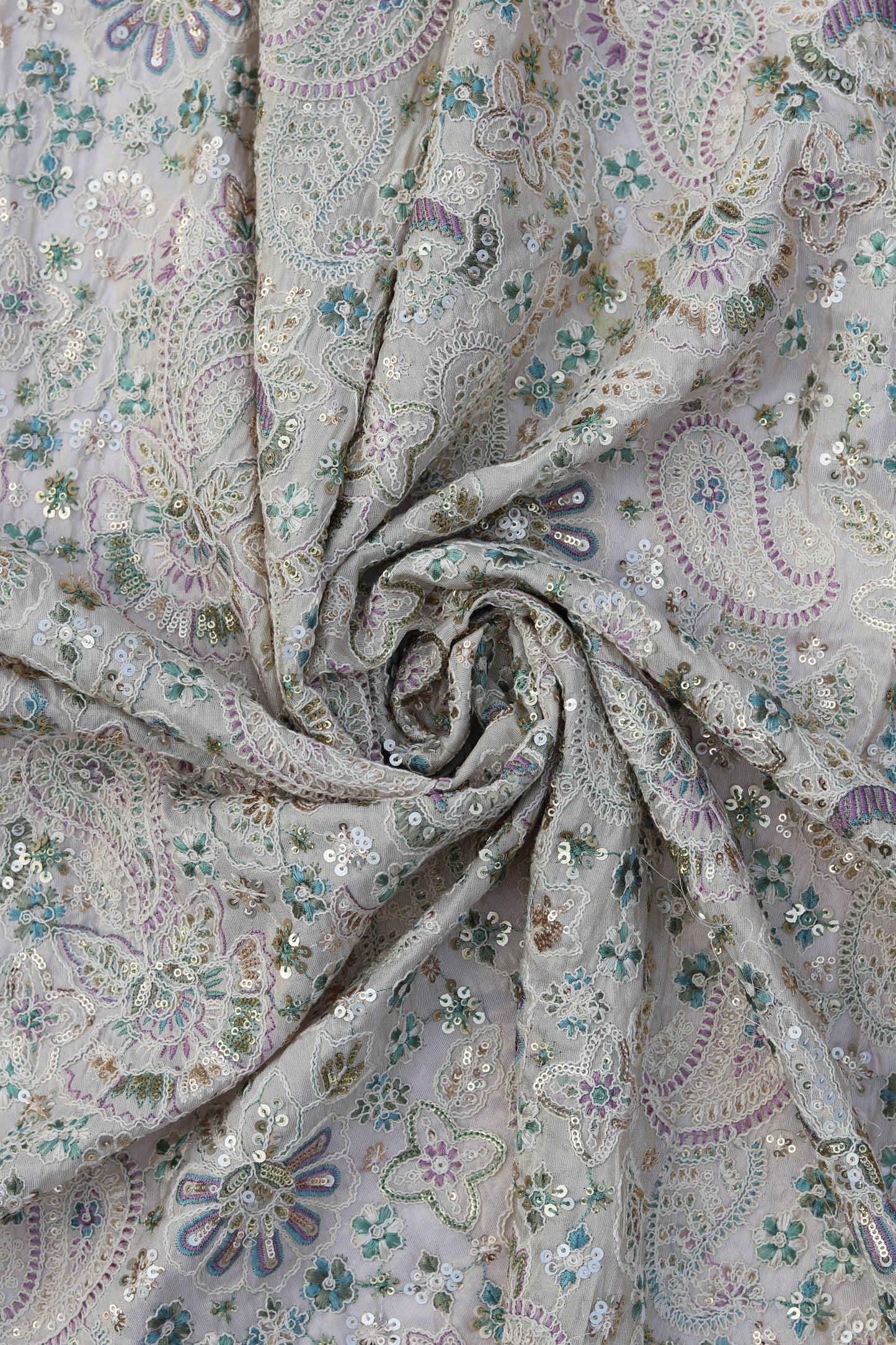 Multicolor Paisley Embroidered Fabric with Sequin Highlights