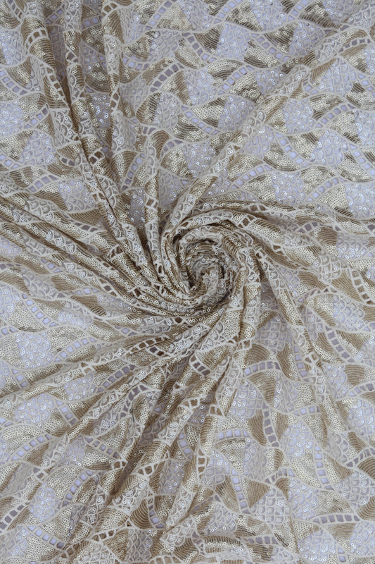 Gold Floral Embroidered Net Fabric with Cutwork