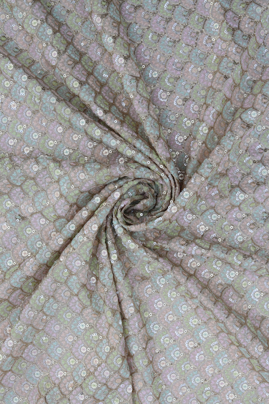 Pastel Accented Embroidered Fabric with Sequin Highlights