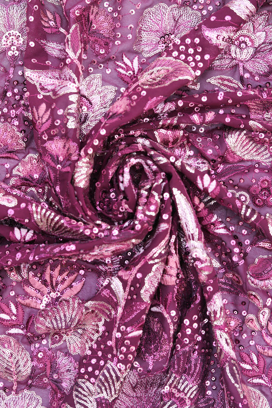 Plum Elegance Heavy Floral Sequin Embroidered Fabric