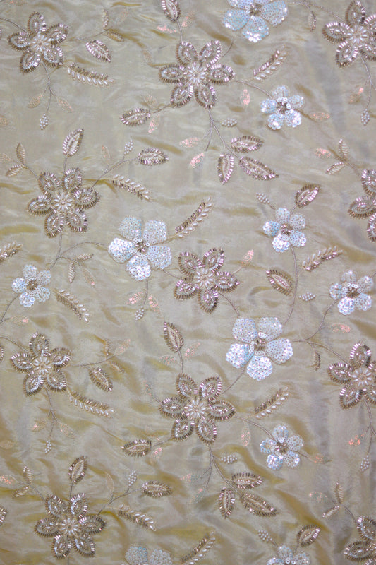 Ivory Floral Hand-Embroidered Tissue Fabric with Sequins & Beads