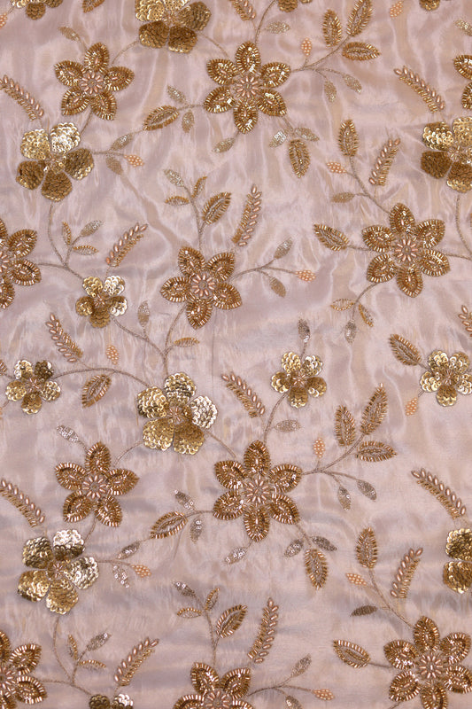 Champagne Gold Floral Hand-Embroidered Tissue Fabric with Sequins and Beads